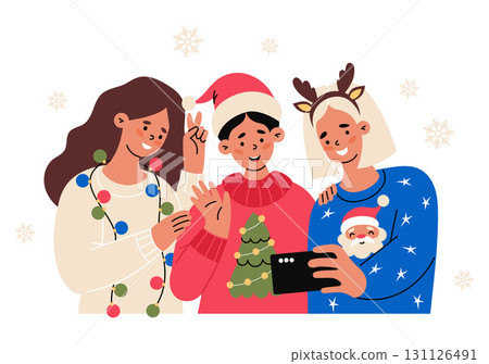 Happy Christmas Women Friends in Santa Hat and Deer Antlers in Xmas Sweaters with Garland Together Taking Selfie. Happy New Year Characters and Holiday Moments. Vector Illustration. Not AI Happy Christmas Women Friends in Santa Hat and Deer Antlers in Xmas Sweaters with Garland Together Taking Selfie. Happy New Year Characters and Holiday Moments. Vector Illustration. Not AI 131126491
