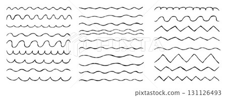 Corrugated Waves. Line doodle textured hand-drawn set. Isolated zigzag, Wave ornament pattern, horizontal underline, wavy, billowy, thin line background. Vector illustration. Not AI Corrugated Waves. Line doodle textured hand-drawn set. Isolated zigzag, Wave ornament pattern, horizontal underline, wavy, billowy, thin line background. Vector illustration. Not AI 131126493