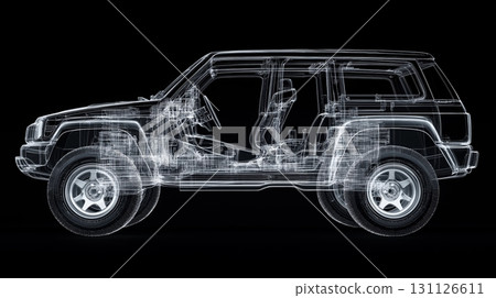 Digital 3d wireframe model of off-road car for automotive design and engineering visualization Digital 3d wireframe model of off-road car for automotive design and engineering visualization 131126611