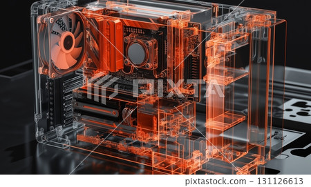 Blue wireframe diagram of a large industrial computer with internal parts visible 131126613