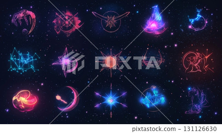 Neon constellation art of zodiac signs set against a starry night sky. Astrological symbols Neon constellation art of zodiac signs set against a starry night sky. Astrological symbols 131126630