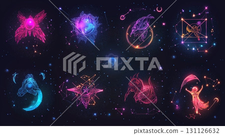 Neon constellation art of zodiac signs set against a starry night sky. Astrological symbols Neon constellation art of zodiac signs set against a starry night sky. Astrological symbols 131126632