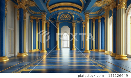 Grand palace blue interior of a historic hall with intricate designs and vibrant colors 131126649