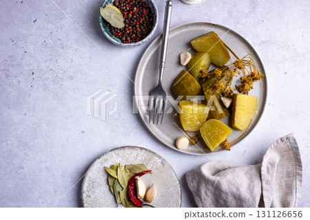 Bowl of pickled marinated cucumbers Bowl of pickled marinated cucumbers 131126656