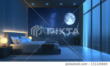 Cozy bedroom with stunning ocean view and moonlight illuminating the serene atmosphere at night 131126664