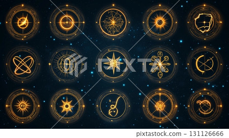Hand drawn celestial zodiac, constellation, moon, planet and mythical creature art on night sky Hand drawn celestial zodiac, constellation, moon, planet and mythical creature art on night sky 131126666