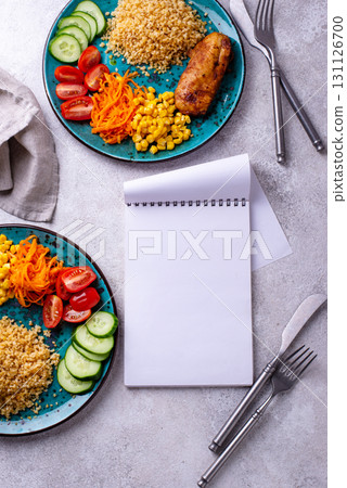 Healthybalanced food plate with chicken and vegetables 131126700