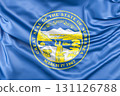 Close-up of the Nebraska state flag, USA. 3D Rendering 131126788