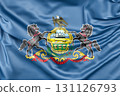 Ruffled Flag of Pennsylvania, USA, featuring coat of arms with horses, eagle, and ship. 3D Rendering 131126793