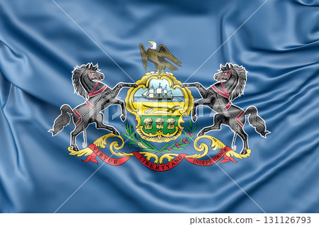 Ruffled Flag of Pennsylvania, USA, featuring coat of arms with horses, eagle, and ship. 3D Rendering 131126793