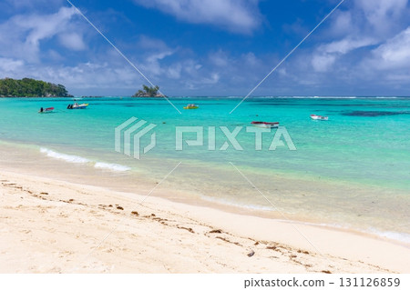 Anse Royale beach, Seychelles. Coastal landscape with anchored motor boats 131126859