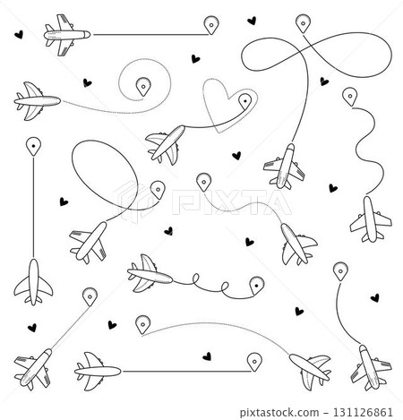 Vector airplane routes set, various plane paths shapes collection, flight tracking lines with destinations. Black outline and dotted signs, aircraft trips in many variations 131126861