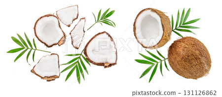 coconut with leaves isolated on white background. Top view. Flat lay 131126862