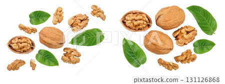 Walnuts with leaf isolated on white background. Top view. Flat lay 131126868