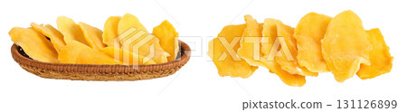 dried mango in a wicker basket isolated on white background dried mango in a wicker basket isolated on white background 131126899