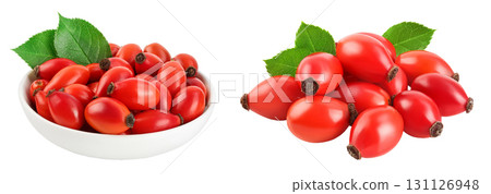 Rose hip in ceramic bowl isolated on a white background with full depth of field. Top view. Flat lay. 131126948