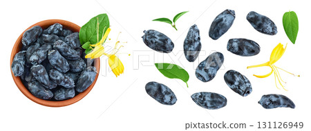 Fresh honeysuckle blue berry in ceramic bowl isolated on white background with full depth of field. Top view. Flat lay Fresh honeysuckle blue berry in ceramic bowl isolated on white background with full depth of field. Top view. Flat lay 131126949