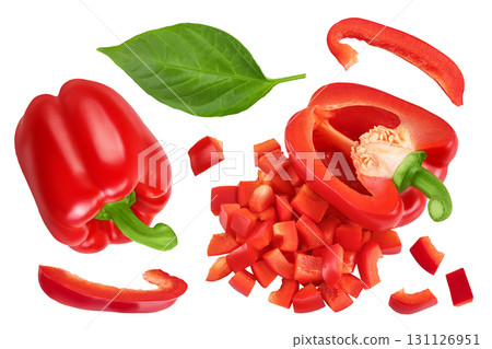 diced of red sweet bell pepper isolated on white background. Top view. Flat lay 131126951