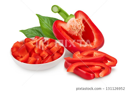 slices of red sweet bell pepper in ceramic bowl isolated on white background with full depth of field slices of red sweet bell pepper in ceramic bowl isolated on white background with full depth of field 131126952