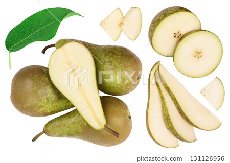 Green conference pear isolated on white background with full depth of field, Top view. Flat lay Green conference pear isolated on white background with full depth of field, Top view. Flat lay 131126956