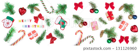 Christmas background with merry christmas inscription decorated with fir branches isolated on white background. Flat lay 131126960