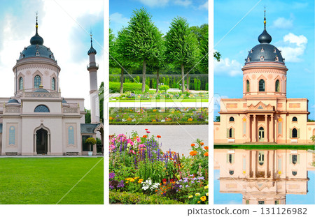 A photo collection of a tranquil garden, mosque, and a castle. 131126982