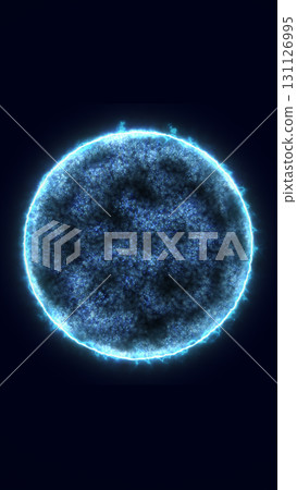 Blue glowing cosmic sphere with illuminated surface details against a dark background Blue glowing cosmic sphere with illuminated surface details against a dark background 131126995