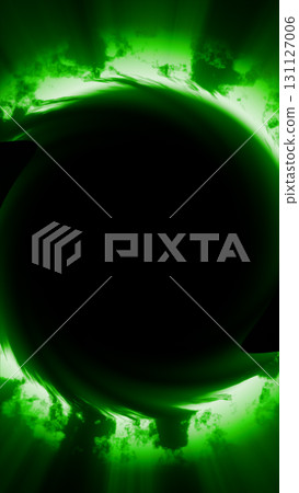 Green glowing vortex surrounded by swirling energy clouds and radial light rays forming a dramatic sci-fi portal 131127006