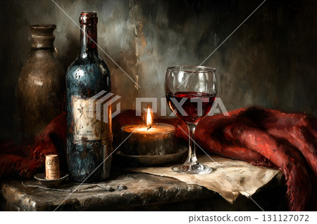 Classical Wine Still Life with Candle, Ceramic Jug, and Red Cloth 131127072