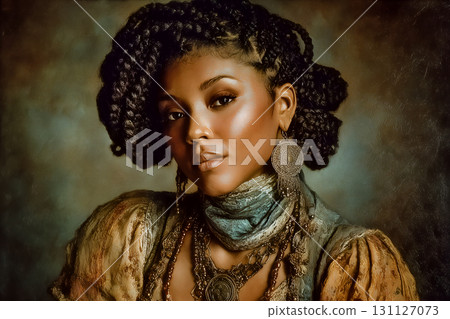 Ornate Portrait with Braided Hair, Circular Jewelry, and Vintage Styling Ornate Portrait with Braided Hair, Circular Jewelry, and Vintage Styling 131127073
