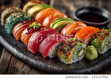 Assorted Sushi Rolls with Tuna, Salmon, Avocado, and Soy Sauce Assorted Sushi Rolls with Tuna, Salmon, Avocado, and Soy Sauce 131127092