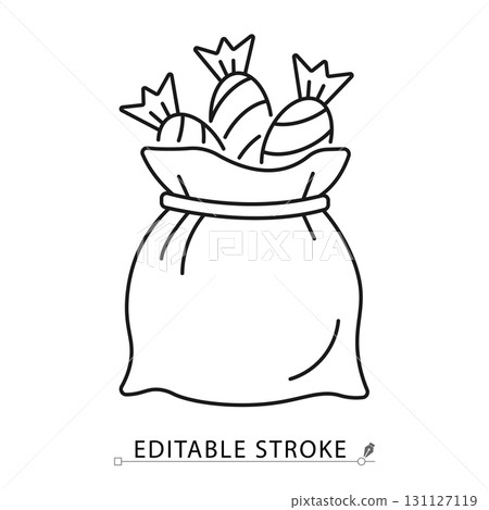 A candy bag icon in a minimalist line style with editable stroke. Halloween trick or treat sack, sweets pouch, sugar dessert, holiday gift, party celebration food, chocolate present concept. 131127119