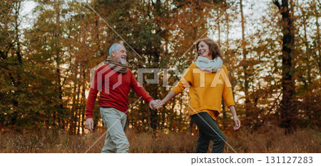 Banner of senior couple holding hands in autumn nature. Banner of senior couple holding hands in autumn nature. 131127283