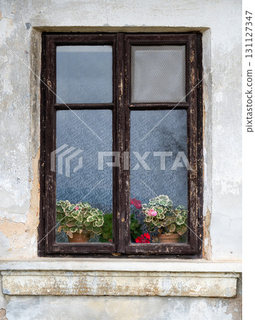 A rustic image of an old wooden window with plants and flowers visible behind the glass, capturing a cozy and timeless atmosphere of simple countryside charm A rustic image of an old wooden window with plants and flowers visible behind the glass, capturing a cozy and timeless atmosphere of simple countryside charm 131127347
