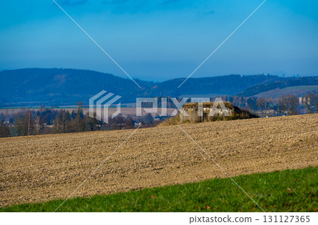 A historical view of a Czechoslovak anti-infantry bunker, known as a "ropik," standing in a field surrounded by trees, evoking the past and its wartime significance 131127365
