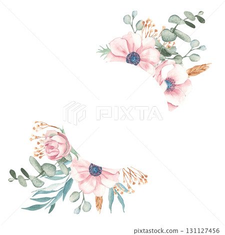 Anemone Circle Frame with Eucalyptus Branches, Dry yellow Tansy and Spikelets of Wheat or Rye. Watercolor Hand drawn floral illustration isolated on a background. For cards, logos, packaging design. 131127456