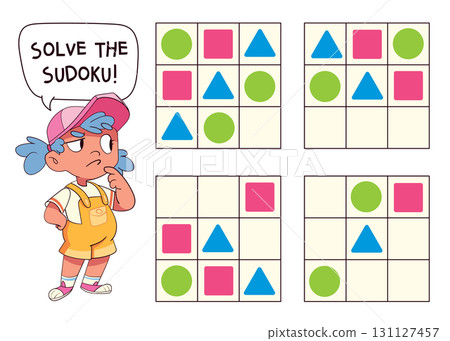 Set of picture sudoku puzzles with shapes. Kids place each icon once per row and column 131127457