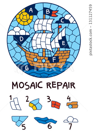 Kids visual puzzle. Repair the sailing ship mosaic by matching missing fragments Kids visual puzzle. Repair the sailing ship mosaic by matching missing fragments 131127459