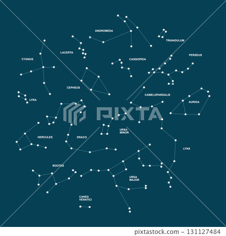 Zodiac constellations illustration on a blue background. Constellations include Ursa Minor, Cassiopeia. Constellations of the Northern Hemisphere Zodiac constellations illustration on a blue background. Constellations include Ursa Minor, Cassiopeia. Constellations of the Northern Hemisphere 131127484