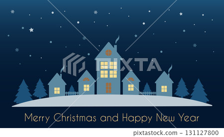 Christmas night over a village, cut out in paper cut style. Houses and fir trees against the night sky. Merry Christmas and Happy New Year. 131127800