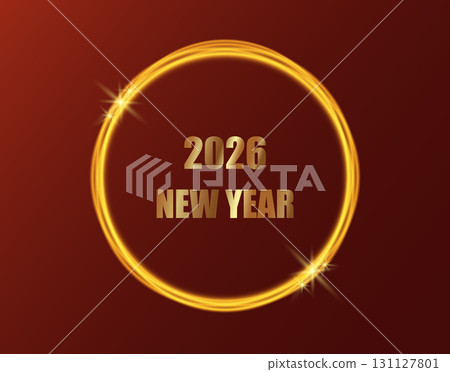 Red background with gold lettering reading New Year 2026 in a gold circle. Neon gold glow on a red background. 131127801