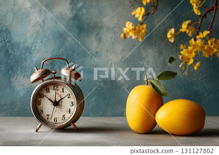 Vintage Alarm Clock with Mangoes and Yellow Flowers 131127802