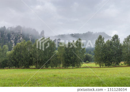 Landscape of Adrspach-Teplice Rocks area, in Hradec Kralove Region in Czech Republic, Europe. Misty morning over grassy fields and distant rock formations, enveloped in clouds and shrouded in mystery. 131128034