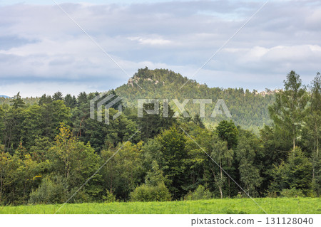 Landscape of Adrspach-Teplice Rocks area, in Hradec Kralove Region in the Czech Republic, Europe. Verdant forest and mountain landscape under a cloudy sky, showcasing the beauty of natural scenery. 131128040