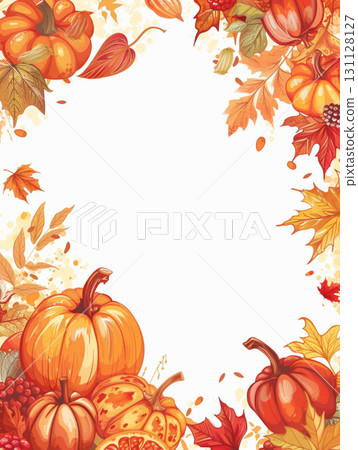 Autumn frame of watercolor pumpkins on white background. Decor for Halloween, Thanksgiving. 131128127