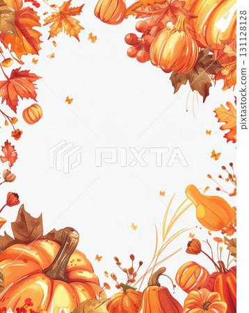 Autumn frame of watercolor pumpkins on white background. Decor for Halloween, Thanksgiving. 131128128