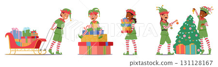 Christmas elves cartoon characters decorating spruce tree, carrying gift boxes isolated set Christmas elves cartoon characters decorating spruce tree, carrying gift boxes isolated set 131128167