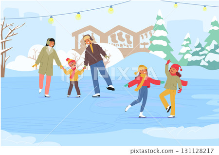Winter ice skating in urban park cartoon scene with happy family and children wearing warm clothes Winter ice skating in urban park cartoon scene with happy family and children wearing warm clothes 131128217