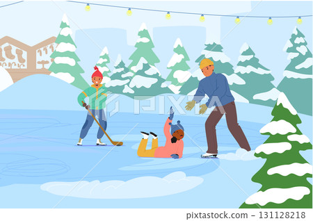 Father with son and daughter having fun in winter city park enjoying ice skating cartoon background Father with son and daughter having fun in winter city park enjoying ice skating cartoon background 131128218