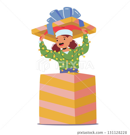 Cute playful girl child cartoon character wrapped Christmas lamps garland jumping out of gift box 131128228